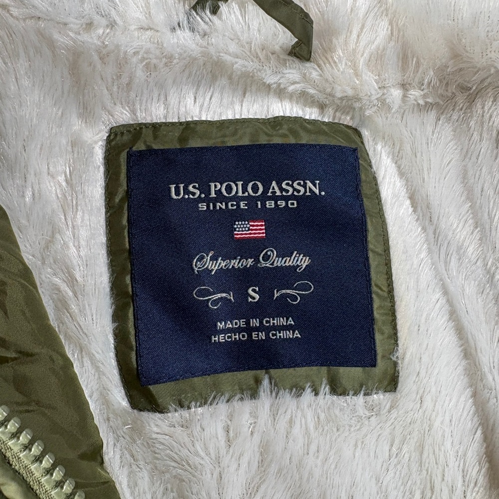 US Polo Assn Womens Small Olive Green Quilted Puffer Jacket Hooded Sherpa Lined - Picture 5 of 6